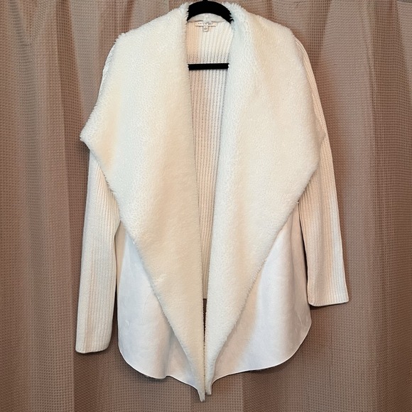 Sweaters - Kate & Sam Chic Winter White Faux Suede Sherpa Cardigan Layered Sz L Open Front
